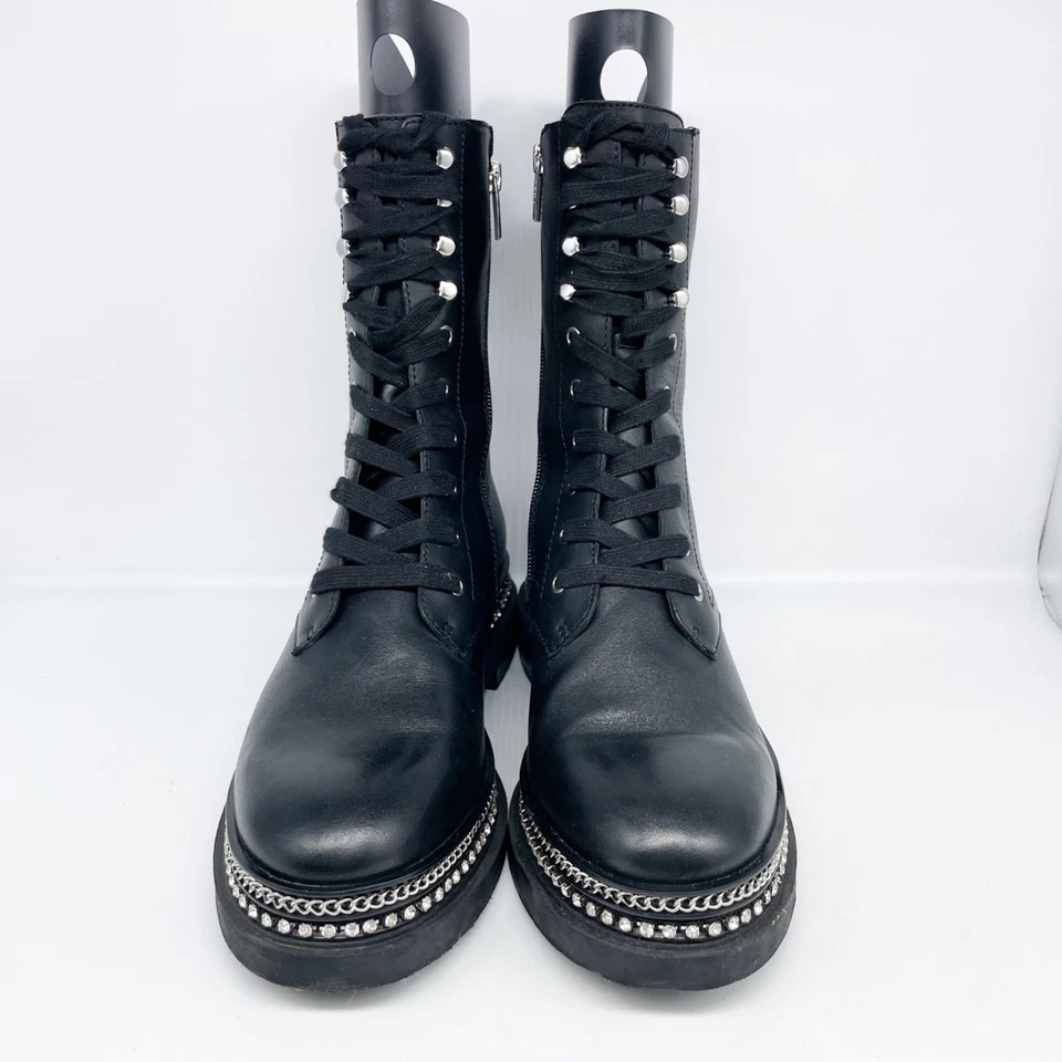 Botín Vince Camuto Branda Cuero Negro Con Cordones Combate Moto Cadena Borde 9M Foto 2 de 4