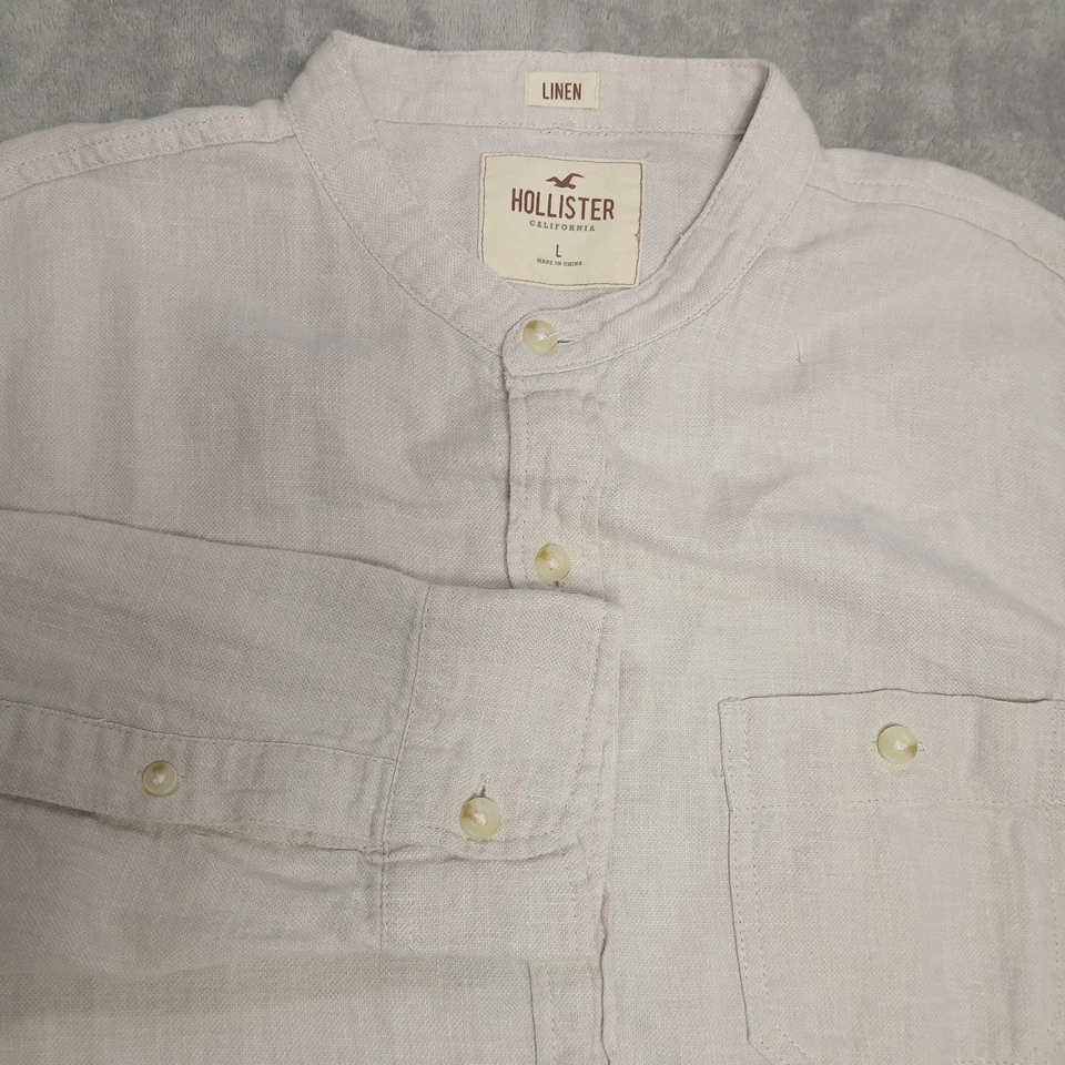 Camisa Hollister Para Hombres L Beige Lino Abotonada Verano Informal Manga Larga Preppy Foto 2 de 4