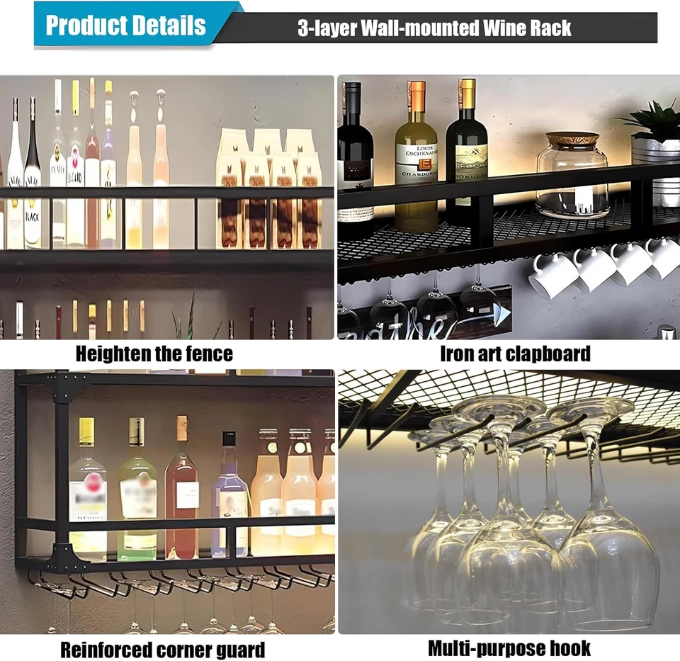 Portabottiglie Da Parete Con Porta Calici, Metallo Porta Bottiglie Vino Con Port - Immagine 3 di 4