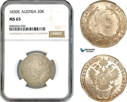AL131, Austria, Franz II, 20 Kreuzer 1830 C, Prague Mint, Silver, NGC MS65