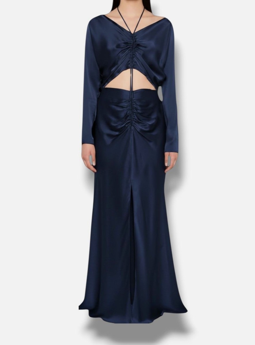 Alberta Ferretti Women's Blue Gathered Detailed Midi Satin Dress Size 4