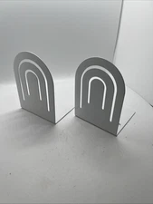 Vintage SPECTRUM DESIGNS BOOKENDS Glossy White Metal MCM Rainbow Arch 5" Pair