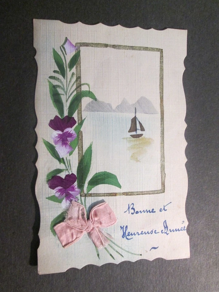 Carte postale fantaisie - carte peinte barque sur un lac - Photo 1/1