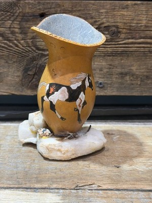 Native American Art, Leather Bud Vase, Quartz Base, ''Spirit Pony'', Signed