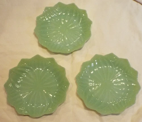 Set of  3 Vintage Fire King Anchor Hocking Lotus Leaf Jadeite Glass Underplates