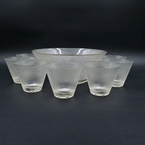 Federal Glass Norse Punch Bowl Set 8pc Ribbed - Vintage1960s