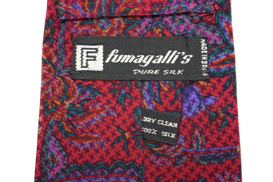 Corbata de Colección Años 90 Fumagalli Rojo Carmín Franela de Seda Azul Floral 58 X 3.25" Foto 3 de 4