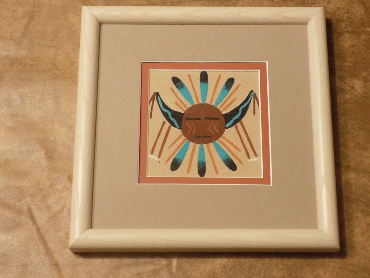 Native American Navajo Sand Painting Sun Framed Wall Picture Decor