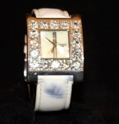 TERNER STAINLESS STEEL WATCH WITH WHITE LEATHER WRIST BAND K-20120 WITH BLING