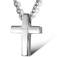 Silver Stainless Steel Simple Plain Cross Pendant Necklace Men's Women's Jewelry