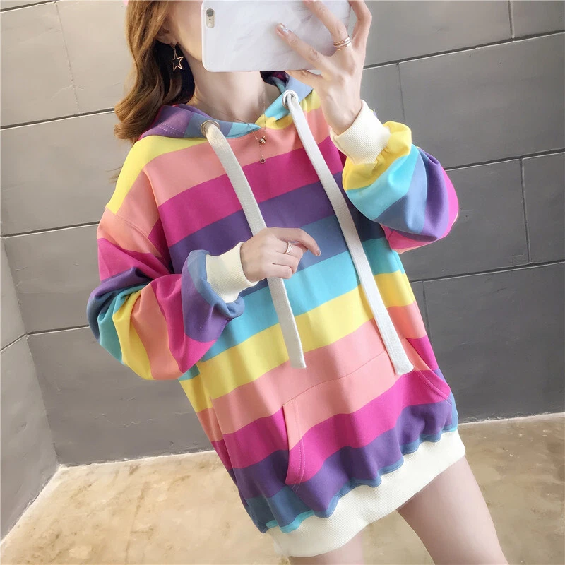 Fashion Rainbow Striped Hoodie Women Girl Sweatshirt Long Sleeve Casual  Wear Top | eBay