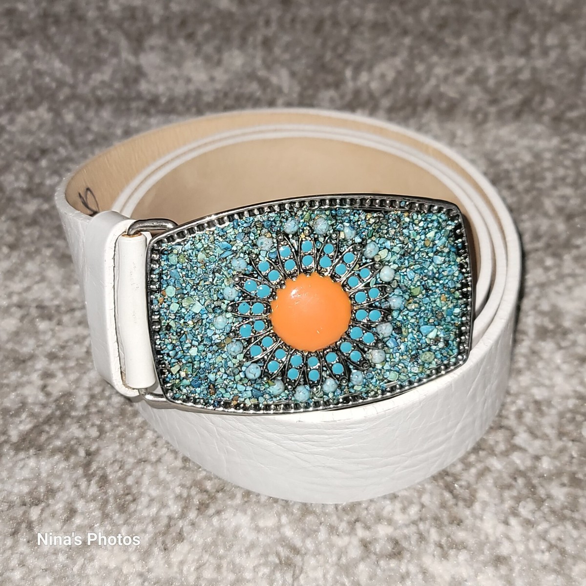 Streets Ahead Y2K White Turquoise Silver Studded Leather Belt Size Medium Iris Concho Belt - Western Concho Belt In Italian Bone  main image 4