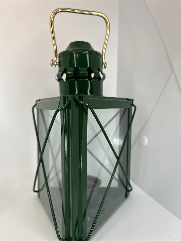 Linterna Triángulo Vidrio Retro Cazador Verde Sostener Pequeña Vela Cuelga 7" + Mango Foto 4 de 4
