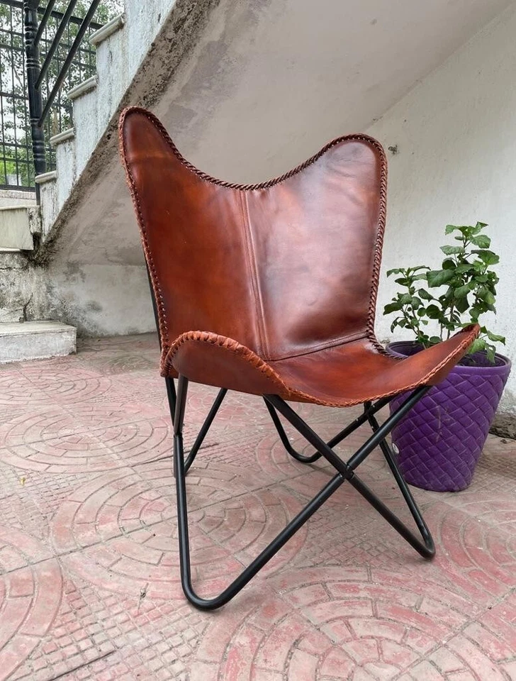 Chair Butterfly Leather Vintage Brown Genuine New Top Relax Chair With Stand - Image 4 of 4