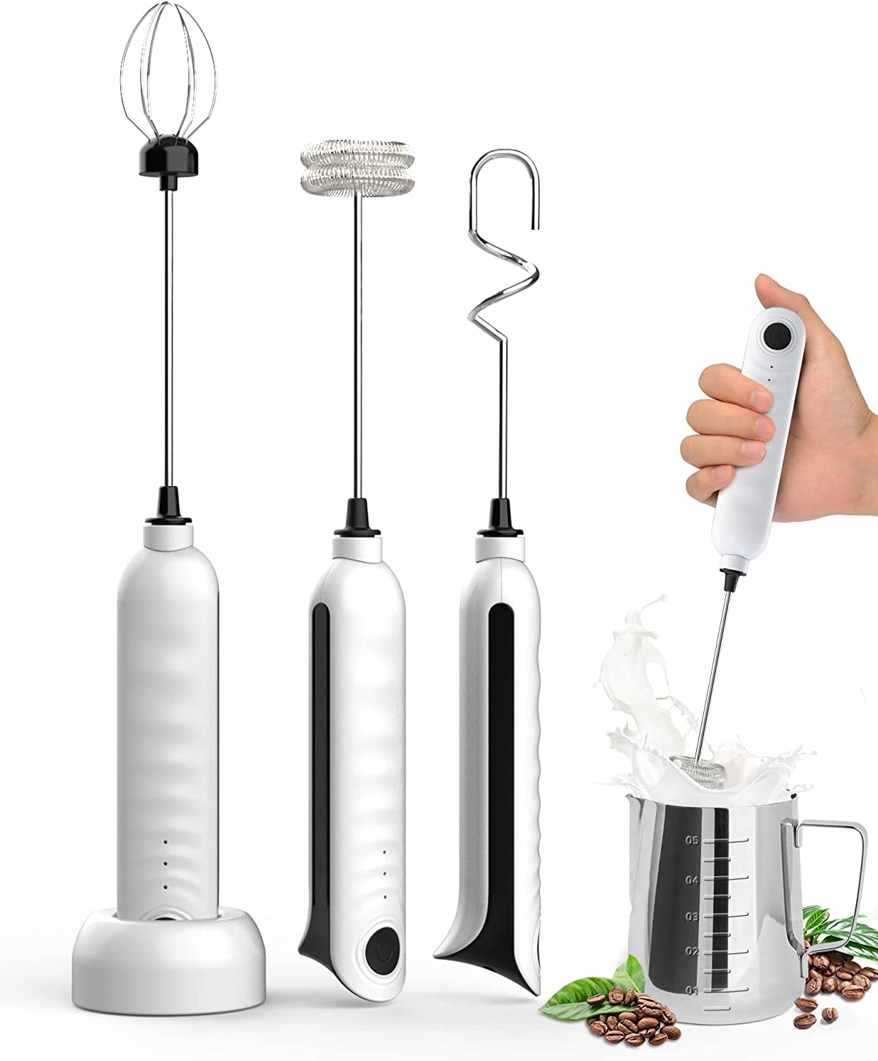 Milk Frother Handheld, USB Rechargeable Milk Foam Maker with 3 Stainless Whisks,-image