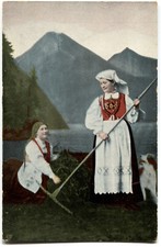 POSTCARD Norway folk costume Hardanger bunad ethnic type farming raking dog old