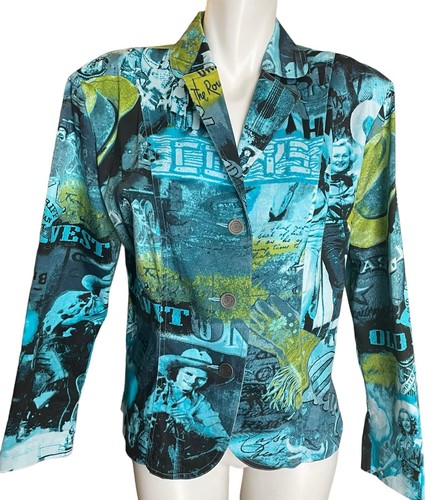 Erin London Stretch Jacket Women's Size Medium Blue Green Western Cowgirl Button - Picture 4 of 11