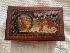 Old World Globe Map Jewelry Trinket Box Wood Red Velvet Lining Rectangular