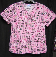 Medium S B Scrubs Top Pink with Hearts Ribbons Flowers Cotton