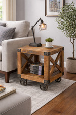 Industrial Mango Wood Side Table with Metal Wheels Rustic Lamp Table 60cm