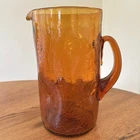 Vintage Blenko Pitcher Hand Blown Amber Crackle Glass Dimple Heavy 10 1/4” EUC