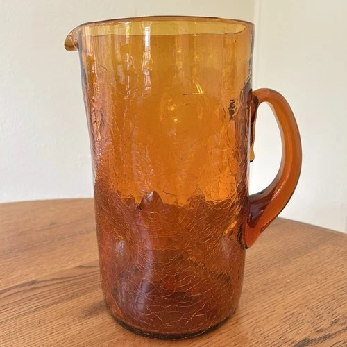 Vintage Blenko Pitcher Hand Blown Amber Crackle Glass Dimple Heavy 10 1/4” EUC