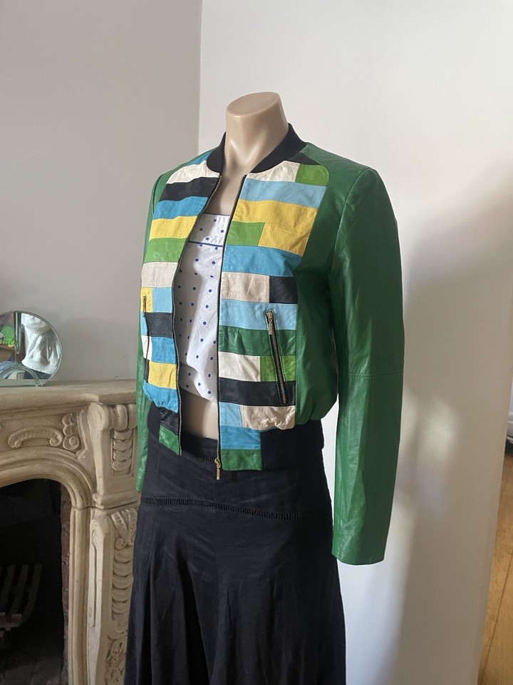 Y2K Patchwork Green Soft Leather Korean Designer Bomber Jacket Zip Festival