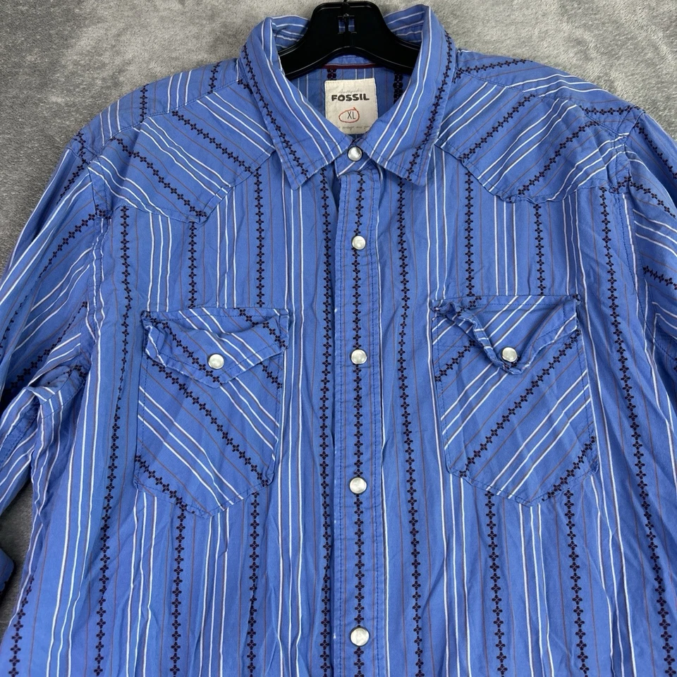 Fossil Vintage Fit Shirt XL Western Blue Brown Button Up Long Sleeve Pearl Snaps - Image 2 of 4