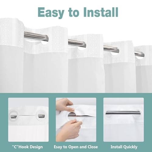 No Hook Shower Curtain with Snap in Liner Set, Modern White Waffle Weave - Picture 6 of 8