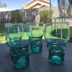 4 RARE VINTAGE BLENKO GLASS Green TUMBLER GOBLET W/ ROSETTES MID-CENTURY MCM