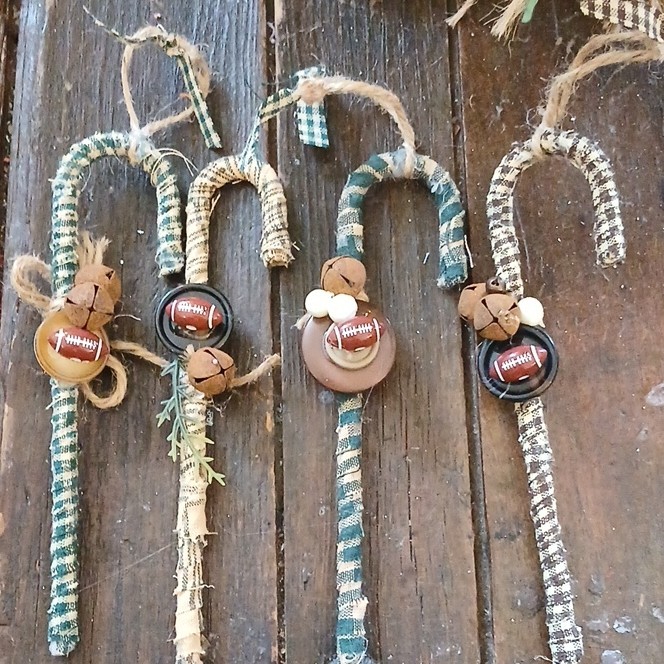 Handmade Rustic Candy Cane Christmas Ornaments with Football Set of 4