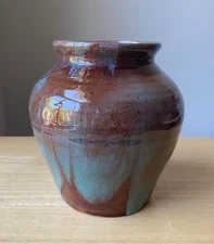 Vintage MONTICELLO POTTERY CHARLOTTESVILLE 6.5" Brown Teal Drip Glaze Vase