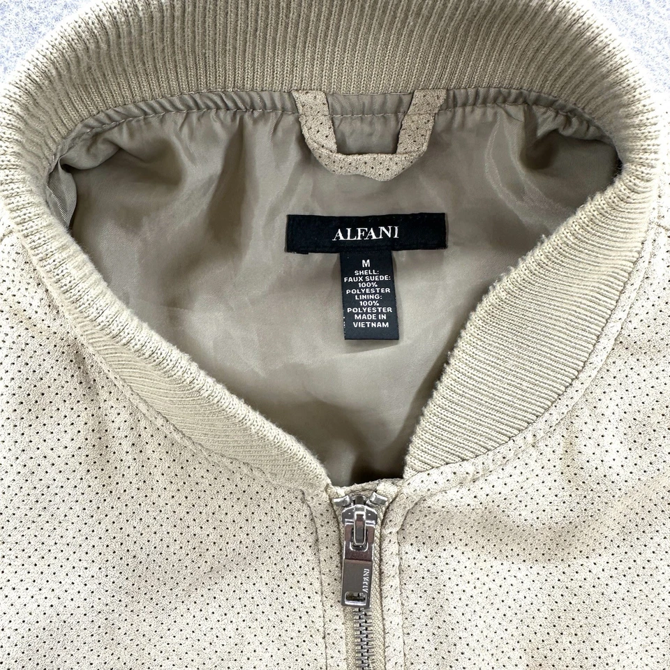 Alfani Faux Suede Bomber Jacket Men's M Beige Pattern Full Zip Midweight Chamois - Image 3 of 4