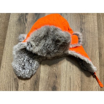 Blaze Orange Trapper Hat Genuine Rabbit Fur Trim Hunting Winter