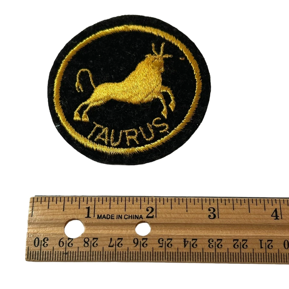 Taurus Zodiac Sign Patch Vintage Black Velvet Fabric Bull Horoscope Symbol Round - Image 4 of 4