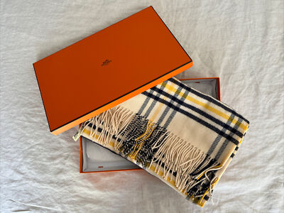 NEW with Tags Hermes 100% Cashmere Blanket Check Stole Wrap Large  Inches