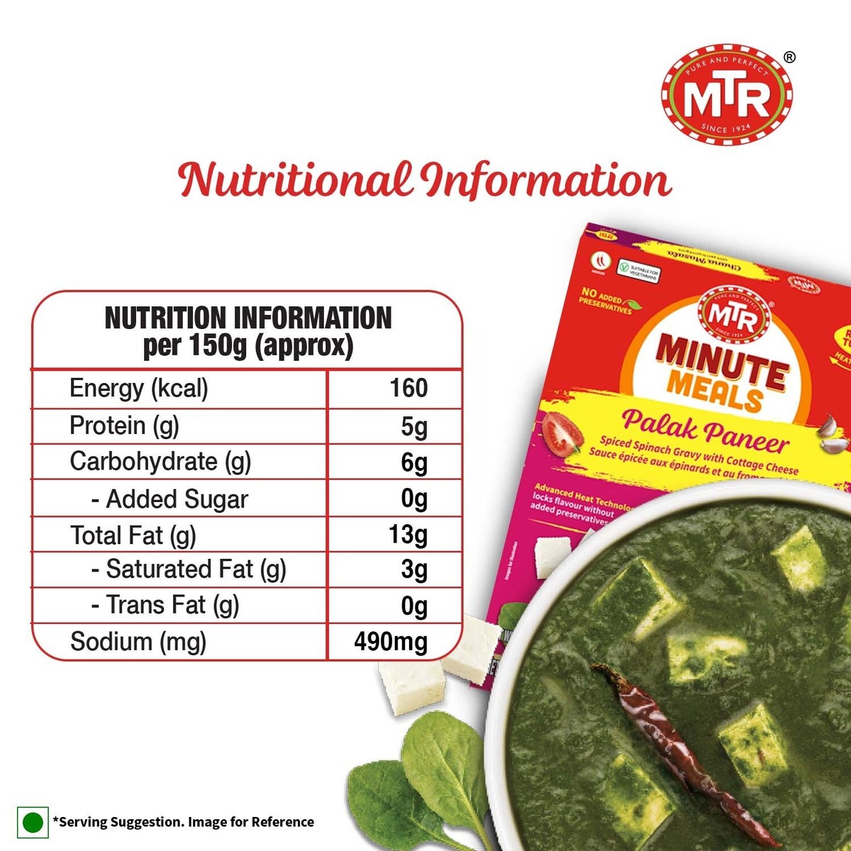 MTR Palak Paneer Ready-to-Eat Meals - Spiced Spinach With Cottage Cheese, Pack Of 6 Vegetarian Indian Meals