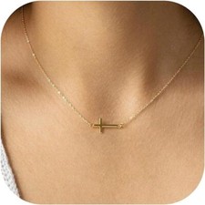 Gold Cross Necklace for Women,14K Gold Plated Sideway Cross Choker Necklace