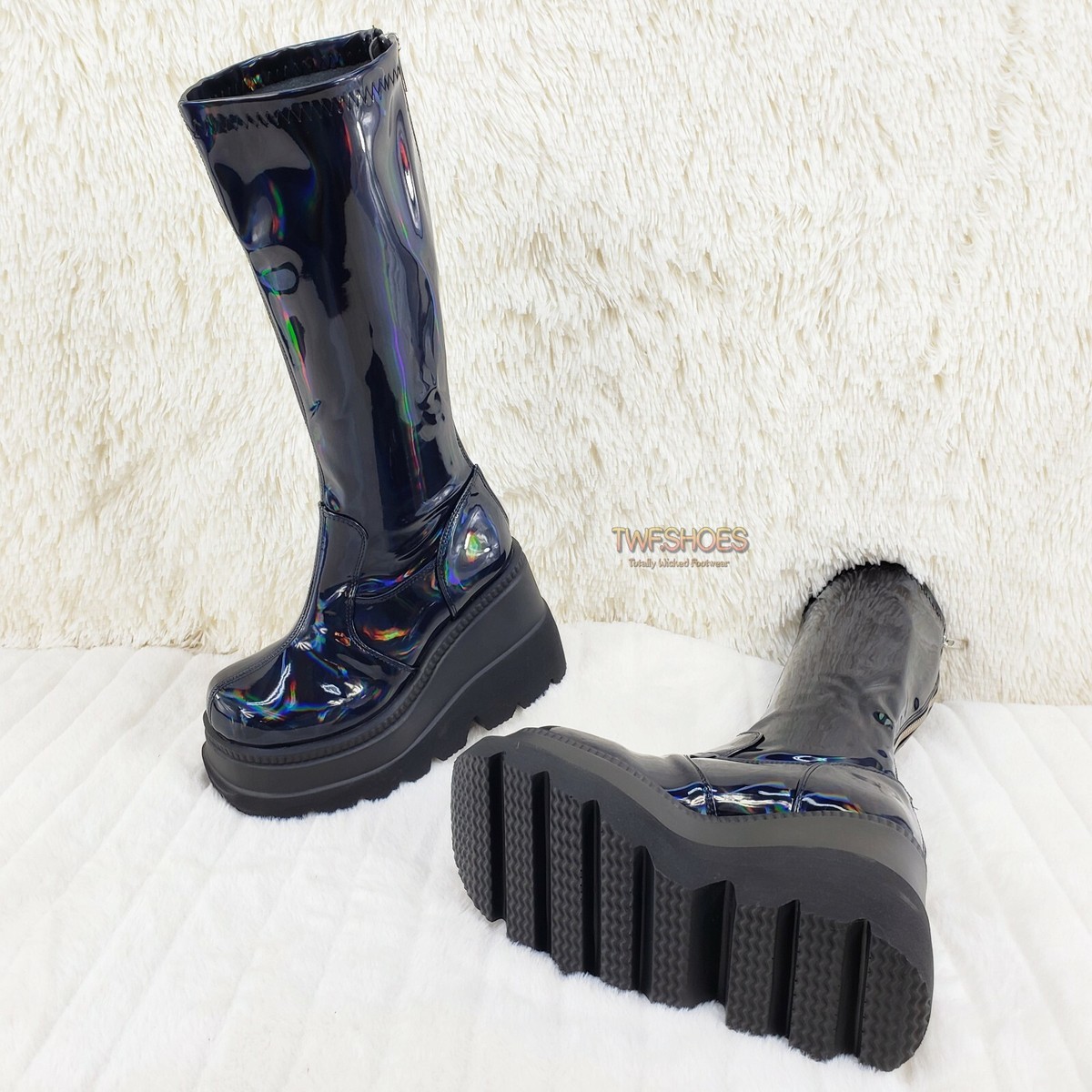 Shaker 65 Black Hologram Platform Wedge Heel Knee Boots