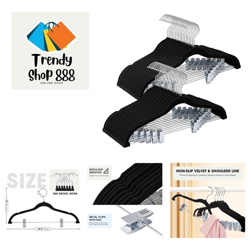 36-Pack Black Velvet Hangers with Clips Adjustable,Adult Hangers,Heavy-Duty,F...