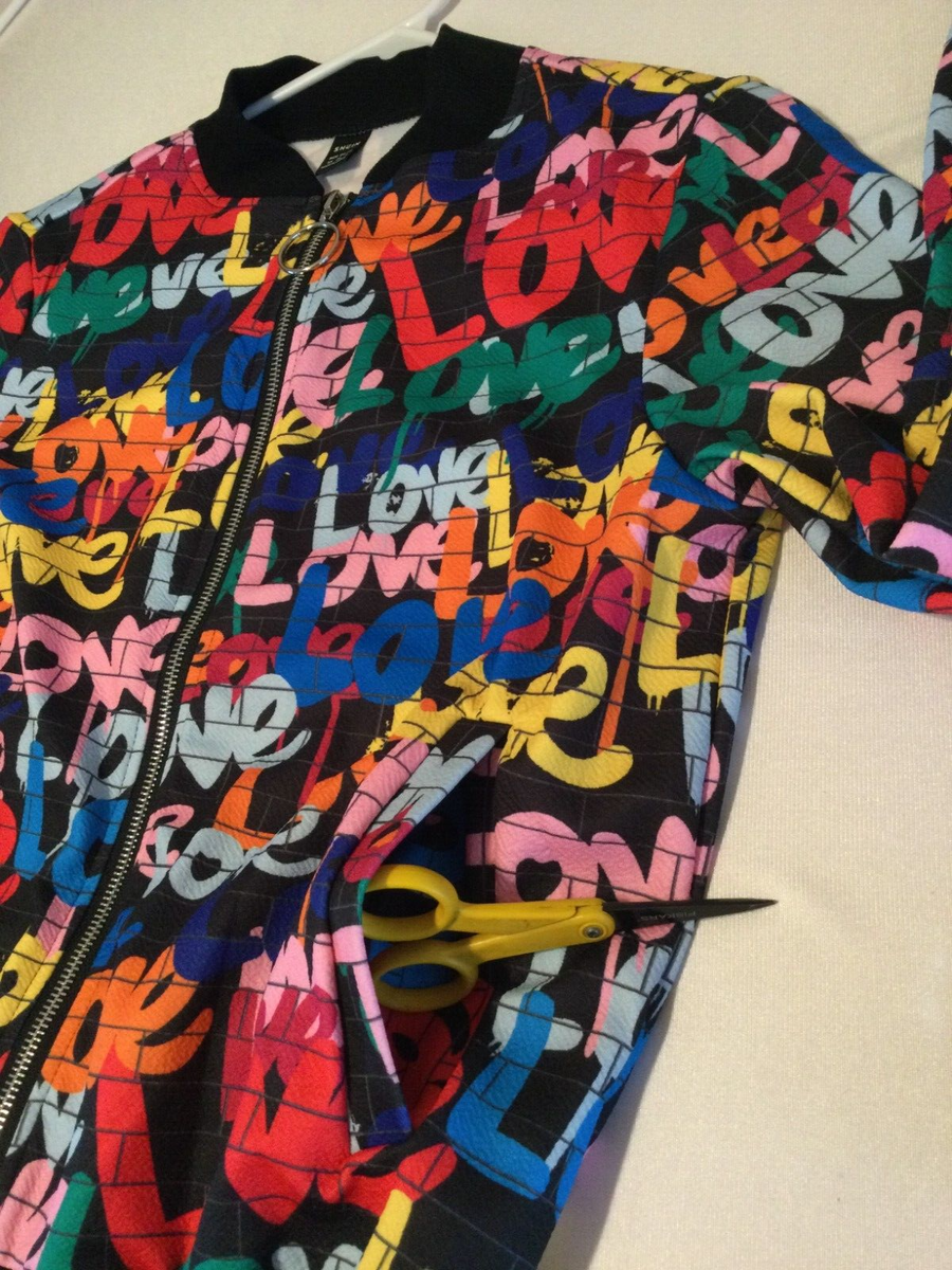 Shein Bomber Jacket Black Graffiti Print Size XS Love Spell Shein Bomber Jacket Black Graffiti Print Size XS Love Spell