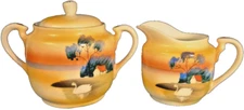 Vintage Swan Trees & Cabin Creamer Pitcher Sugar Bowl Hand Painted in Japan Set
