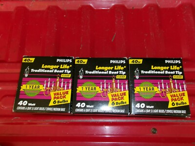 18 New PHILIPS 40watt Candle Shaped Bent Tip Clear Bulbs, Med. Base, 3 Boxes