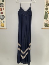 Vintage JC Penney Silky Nylon Soaghetti Strap Long Slip Nightgown Navy Chevron