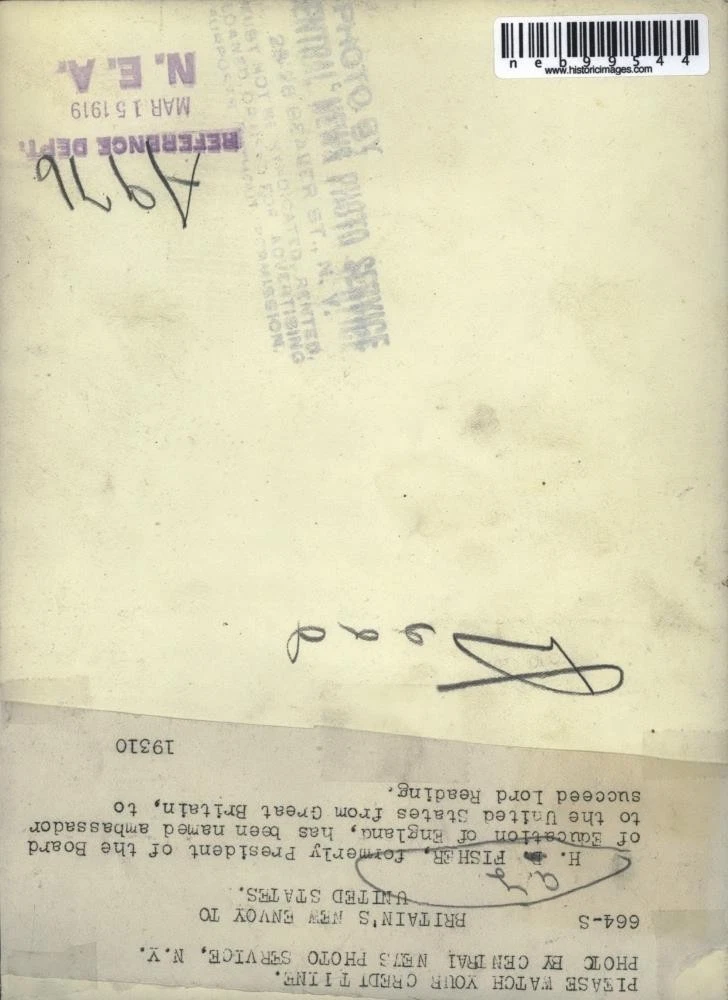 1919年 英国駐米大使に任命されたプレスフォト H. フィッシャー - 画像2/2