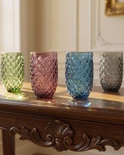 Set of 2 4 6 Textured Hi Ball Glass Tumblers 370ml Coloured Long Drink Glass