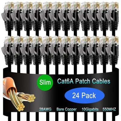 24 PCS Cat6a Slim Ethernet Patch Cable 1 FT 10G Network Home Enterprise Black
