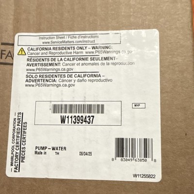 Whirlpool Factory Certified Water Pump W11399437 OEM