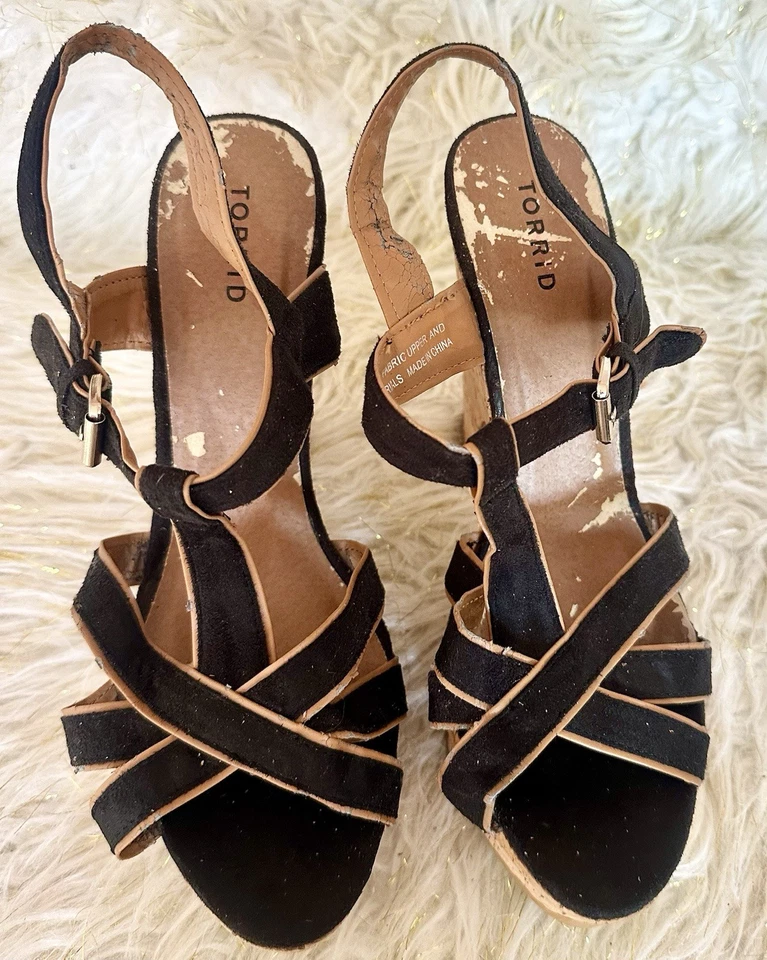 Vintage Torrid Black Strappy Cork Platform Heels Size 10 – Wooden Wedge Sandals - Image 3 of 4
