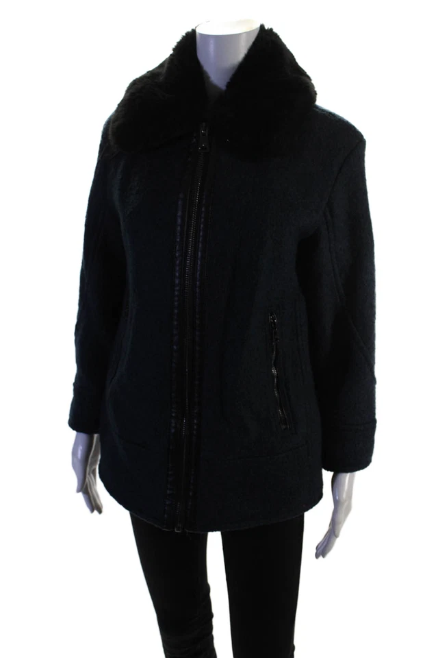 Chaqueta Kenneth Cole New York Mujer Cuello Piel Sintética Azul Marino Lana Talla Extra Pequeña Foto 2 de 4